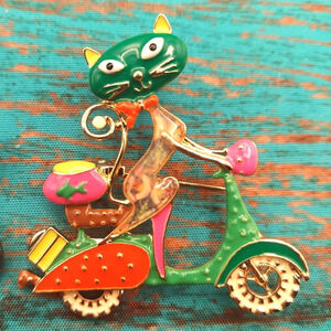 New Colorful Enamel Cat On Bicycle Brooch